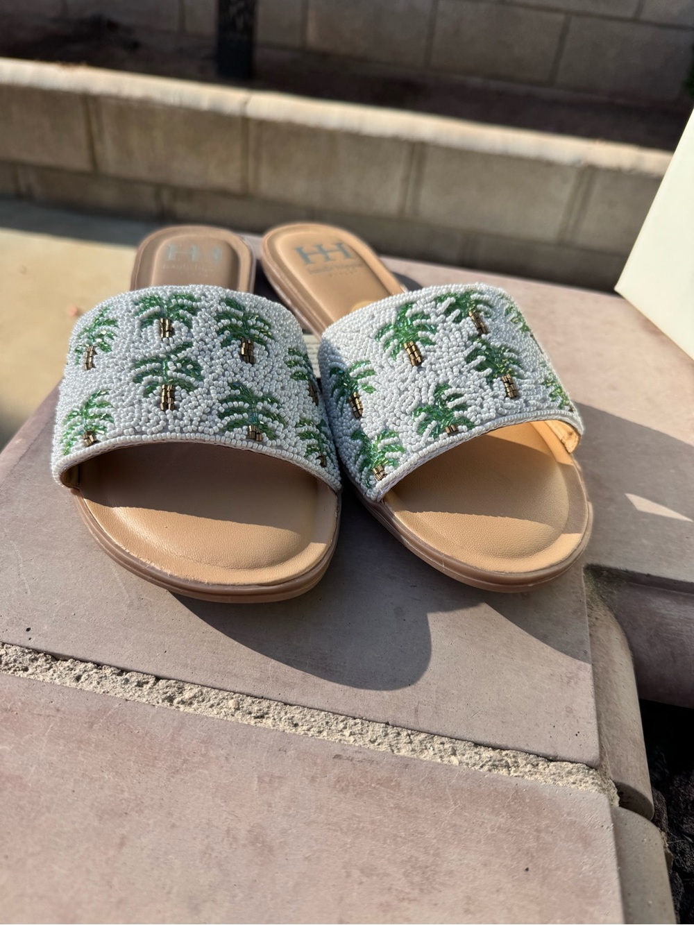 Haute Hippie White Beaded Palm Slide Sandals